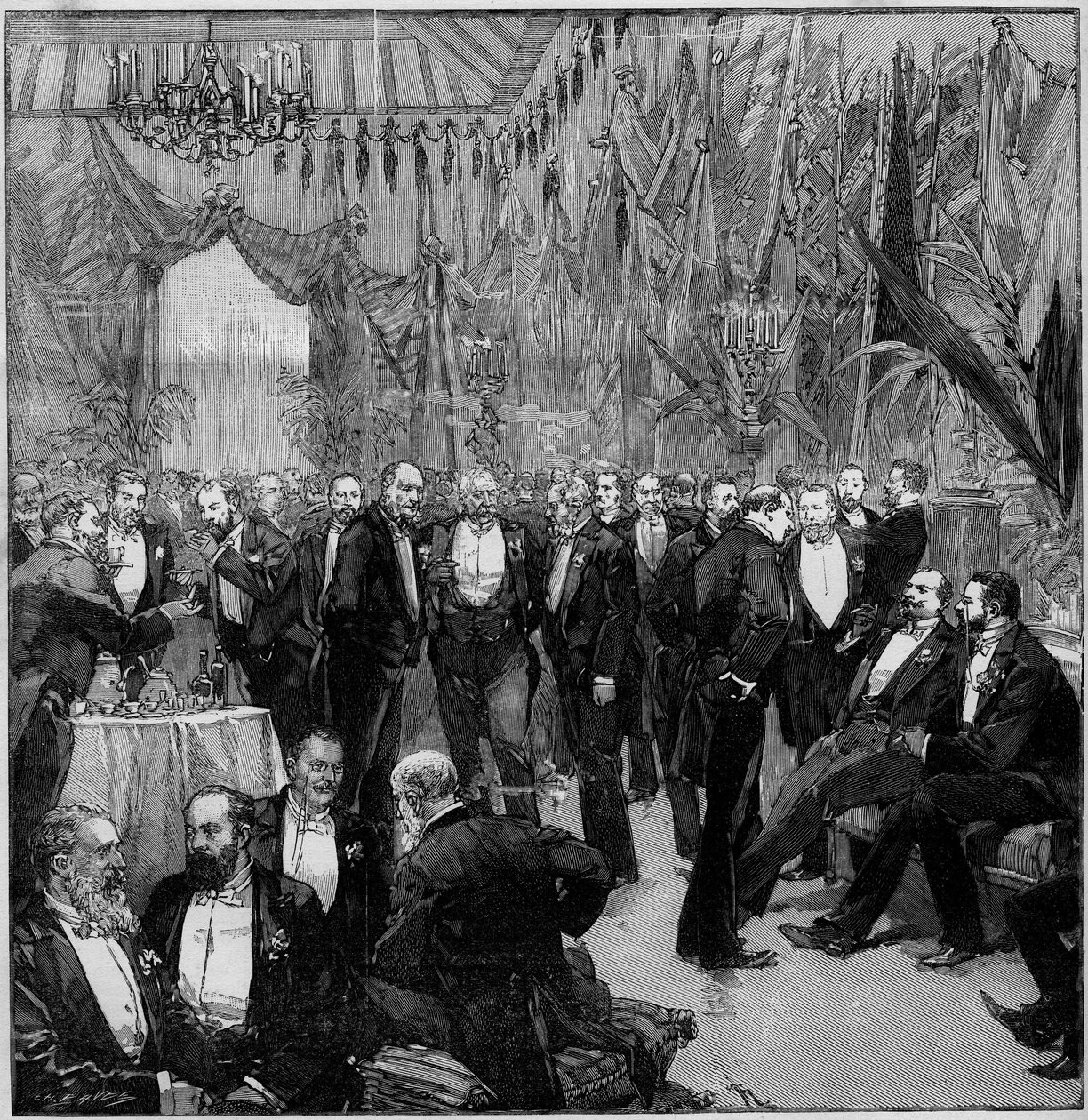 Suezbanketten återförenade världens viktigaste finansiärer (Meeting of the members of the International Commission). Gravyr i ""The Illustrous World"" av Unknown artist