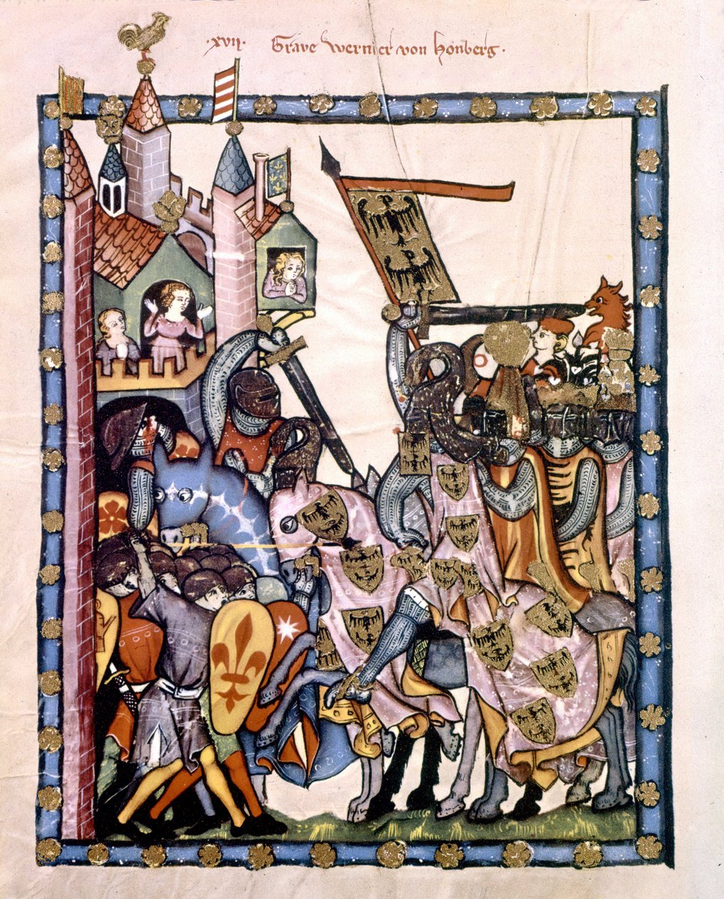 Den schweiziske poeten och riddaren Graf Werner von Homberg (1284-1320) i kejsar Henrik VII:s tjänst belägrade ett fäste som försvarades av Angevine-trupperna på Sicilien. Miniatyr av Codex "Manesse", eller "Manessesche Liederhandschrift", som är ett manus av Unknown artist