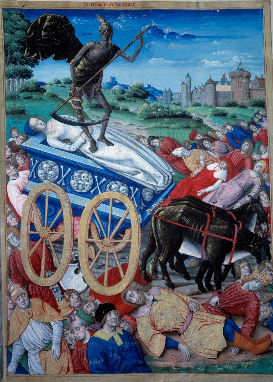 Dödens triumf. Allegorisk representation av Döden med en falsk på ett drag, lik ligger på marken. Miniatyr från "Triumfer, sonetter och sånger" av Petrarch (Francesco Petrarca av Unknown artist