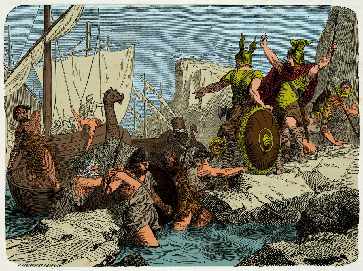Vikingarna går i land på den franska kusten 911, gravyr 1800-talet av Unknown artist