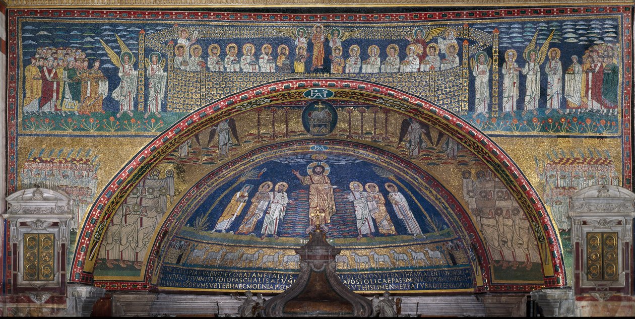 Visionen om det himmelska Jerusalem: De utvalda välkomnas av änglarna. Nedan, Guds lamm. Detalj. Mosaik omkring 830. Triumfbåge av basilikan Santa Prassede, Rom av Unknown artist