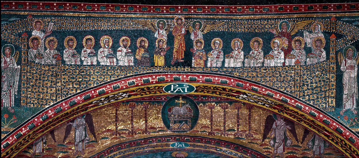 Visionen om det himmelska Jerusalem: De utvalda välkomnas av änglarna. Nedan, Guds lamm. Detalj. Mosaik omkring 830. Triumfbåge av basilikan Santa Prassede, Rom av Unknown artist