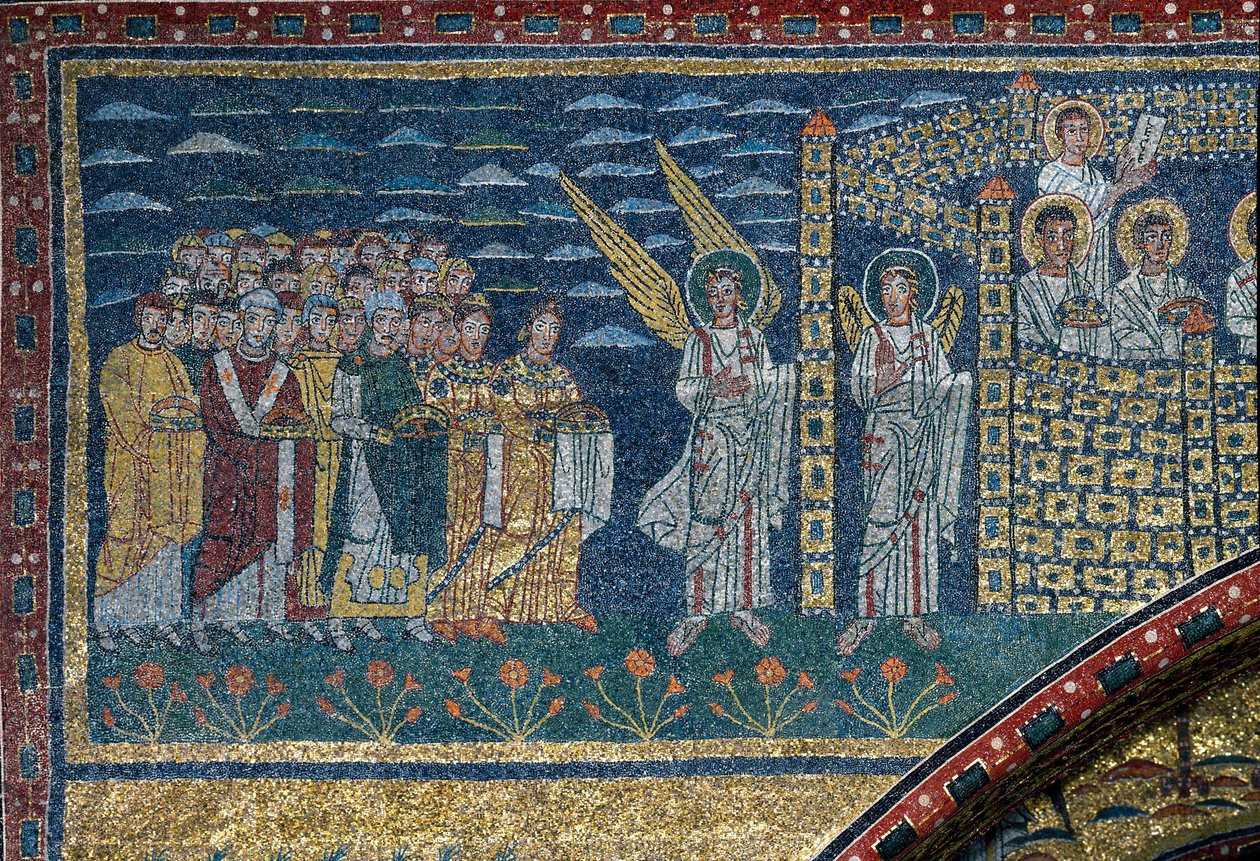 The Vision of Celestial Jerusalem: De utvalda flyttar mot staden som bevakas av änglar. Detalj. Mosaik omkring 830. Triumfbåge av basilikan Santa Prassede, Rom av Unknown artist