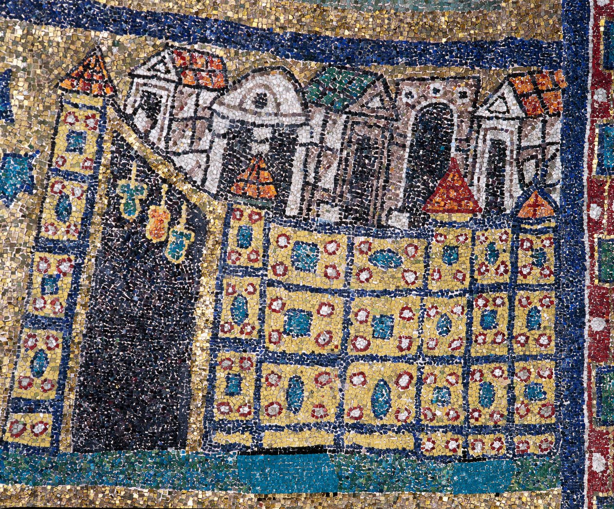Visionen om det himmelska Jerusalem: detalj av Jerusalem representerad i befäst citat. Mosaik omkring 830. Triumfbåge av basilikan Santa Prassede, Rom av Unknown artist
