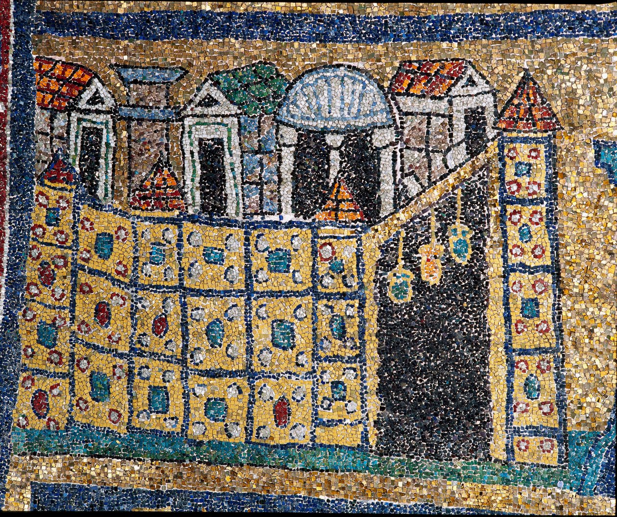Visionen om det himmelska Jerusalem: detalj av Jerusalem representerad i befäst citat. Mosaik omkring 830. Triumfbåge av basilikan Santa Prassede, Rom av Unknown artist