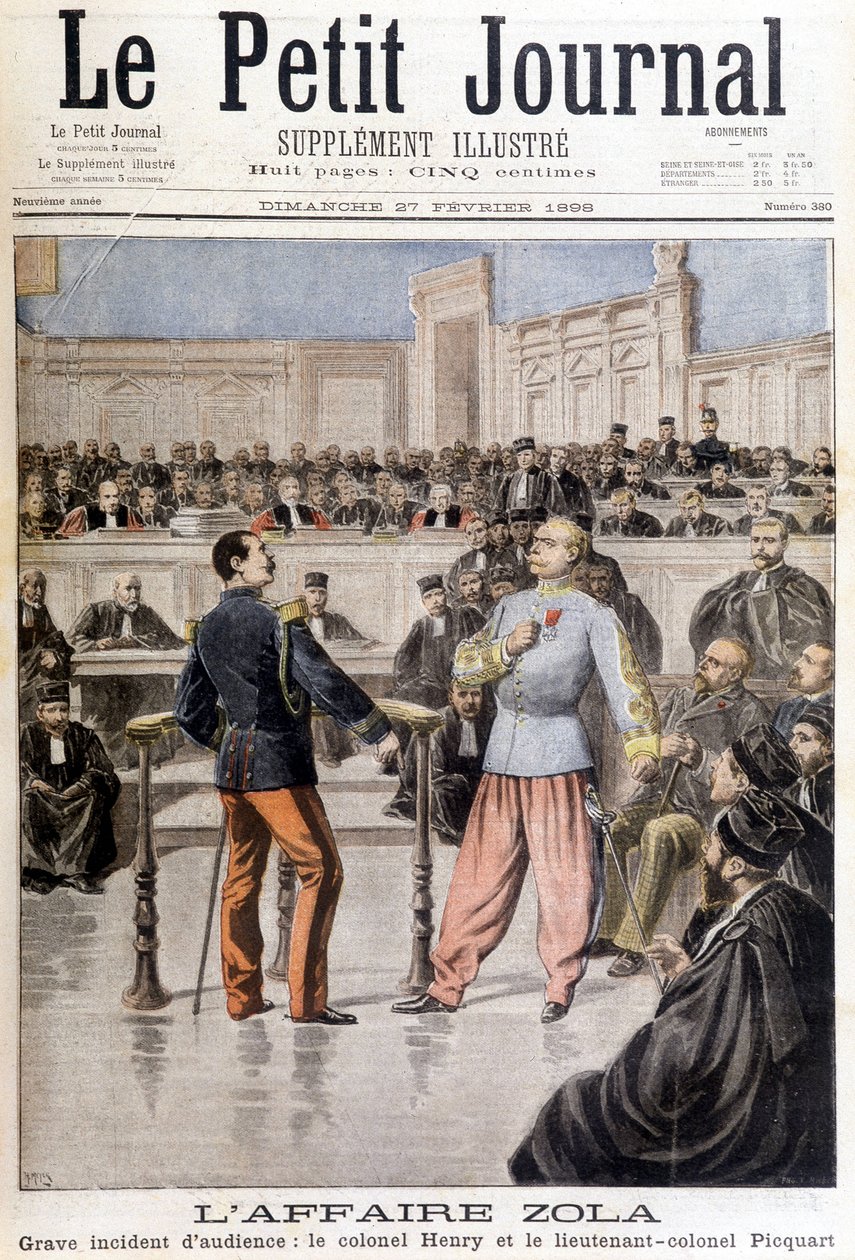 Zola-fallet: allvarlig incident med förhör mellan överste Hubert Henry (1846-1898) och överstelöjtnant Georges Picquart (1854-1914) - i "" Le Petite Journal"" av 1898-02-27 av Unknown artist