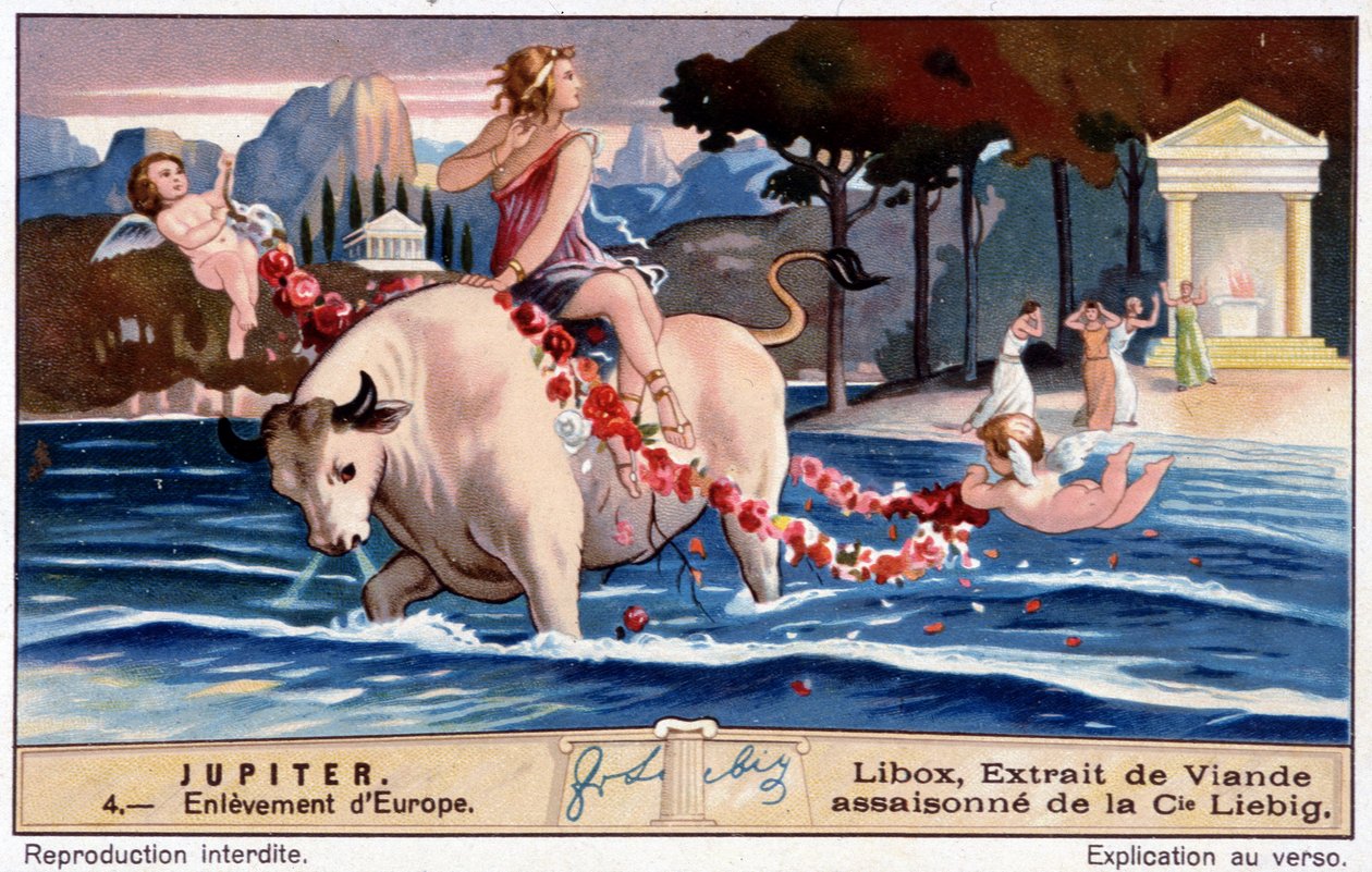 Bortförandet av Europa av Jupiter, ser ut som en vit tjur - Libox-kromolitografi, producerad Liebig av Unknown artist