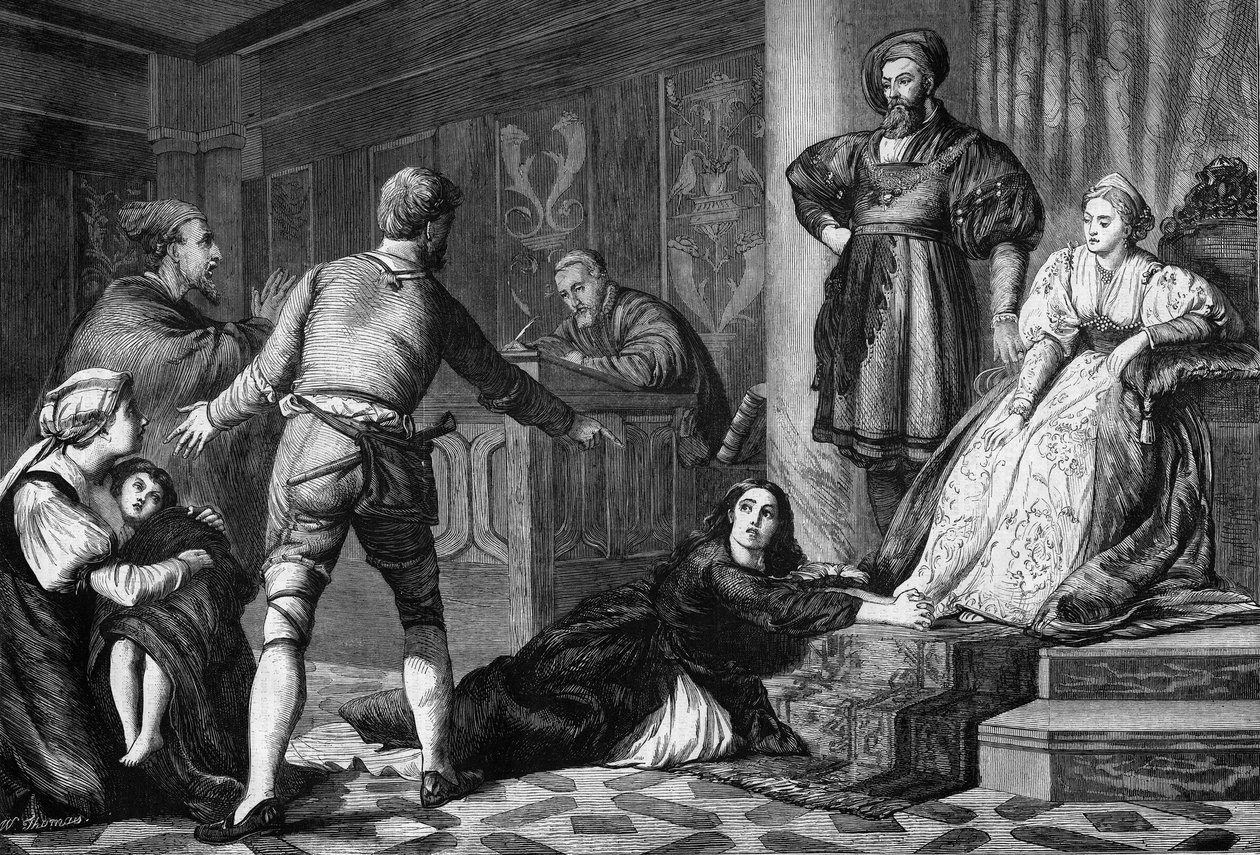 Den anklagade juden. Heresi på 1400-talet: rättegång mot en judisk kvinna anklagad för häxkonst på ett sjukt barn. Gravyr efter Hodgsons målning Gravering i "The Illustrious Universe"" av Unknown artist