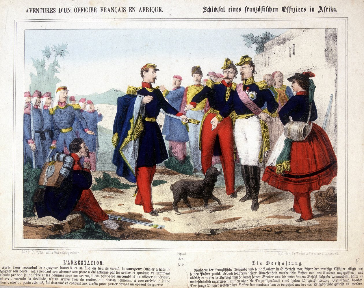 En fransk officers äventyr i Afrika. Den unge officeren, ledaren för en post som attackerades av araberna, avväpnades och fördes till arrestering inför ett krigsråd. av Unknown artist