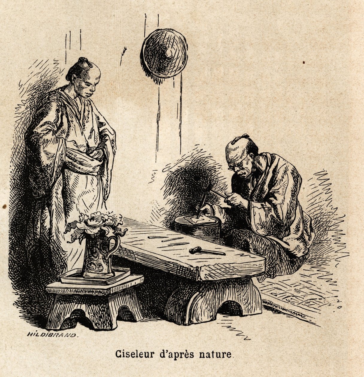 Efter naturmejslaren. Gravyr för att illustrera resan till Japan 1863-1864, av Aime Humbert, minister för Schweiziska edsförbundet, i "Le tour du monde, nouveau journal des voyages", publicerad under ledning av Edouard Charton av Unknown artist