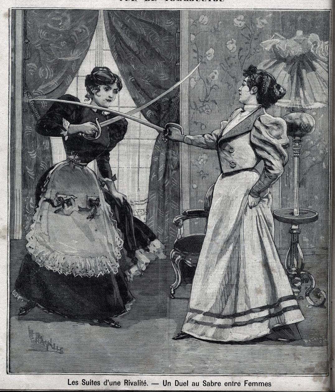 Efterdyningarna av en rivalitet: en svärdduell mellan kvinnor. Gravyr i "" Le Parisien"" av Unknown artist