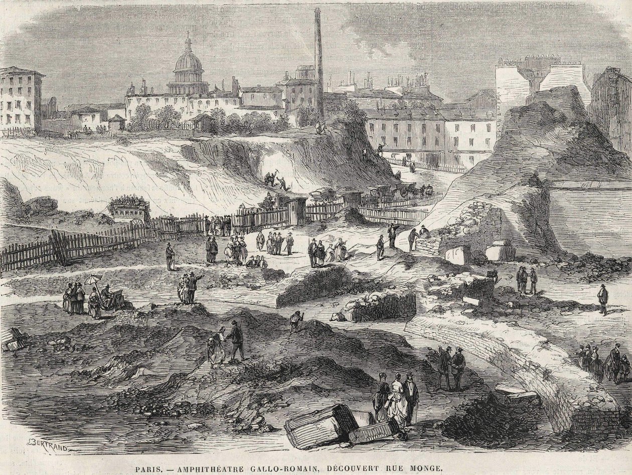 Amfiteatern Gallo Romain upptäckte vid Rue Monge i Paris 1870, idag Arenes de Lutèce. Gravyr av 1800-talet. av Unknown artist