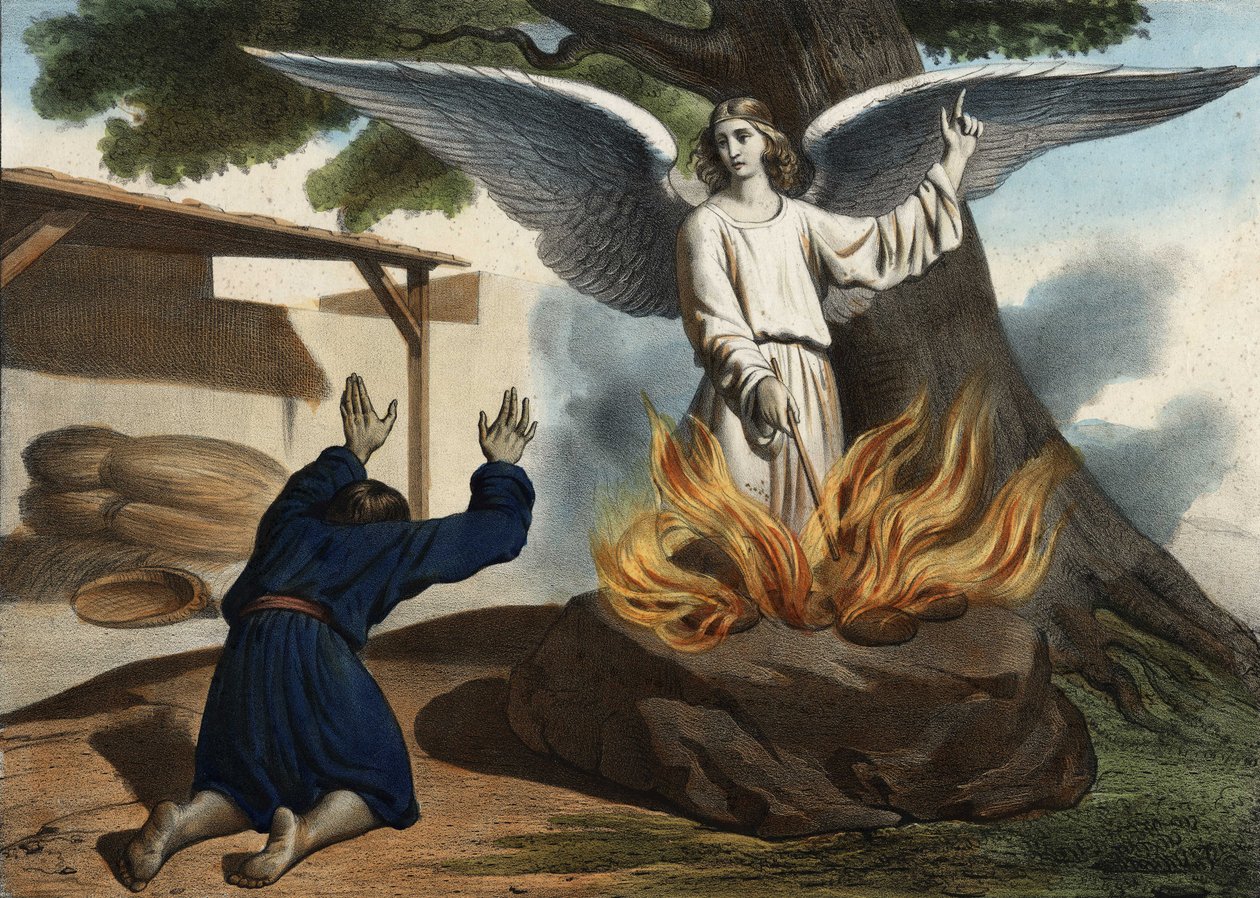 Ängeln dyker upp i Gideon (Gideon) för att befria Israels folk från ockupationen av madianiterna. Anonym gravyr från mitten av 1800-talet. av Unknown artist