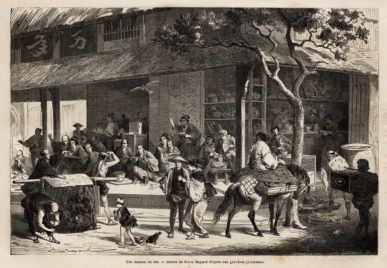Animationen av ett hus och gatans aktiviteter. Gravyr för att illustrera resan till Japan, 1863-1864, av Aime Humbert, minister för Schweiziska edsförbundet, i "" Le tour du monde, nouveau journal des voyages"" publicerad under ledning av Unknown artist