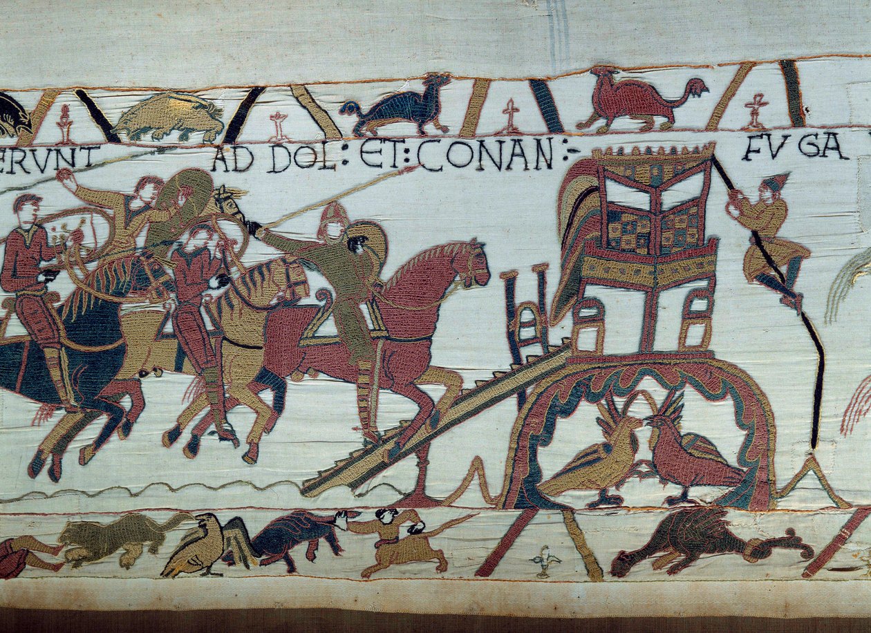 Vilhelm Erövrarens (1027-1087) arméer gick för att slåss mot hertigen av Bretagne, anlände till Bayeux. Harold har just blivit adlad av Guillaume. Detail of the Bayeux Tapestry or Brodery of the Queen Mathilde av Unknown artist