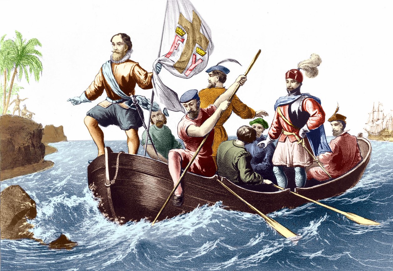 Christopher Columbus ankomst till San Salvador den 12/10/1492. Gravyr v. 1876. av Unknown artist