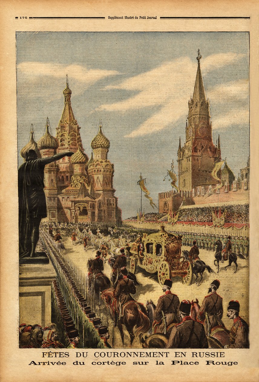 Ankomsten av kortegen på Röda torget (Moskva), med anledning av kröningen av tsar Nicholas II (1868-1918). Gravyr i "" Le petit journal"" 1896-05-31. Selvas samling. av Unknown artist