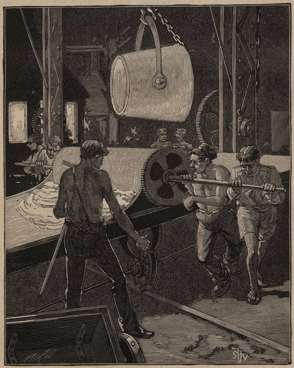 Glaskonsten: att göra glass. Steg som kallas "det stora flödet". Gravyr från 1885 i "" Les arts et metiers illustres"" av Adolphe BITARD. av Unknown artist