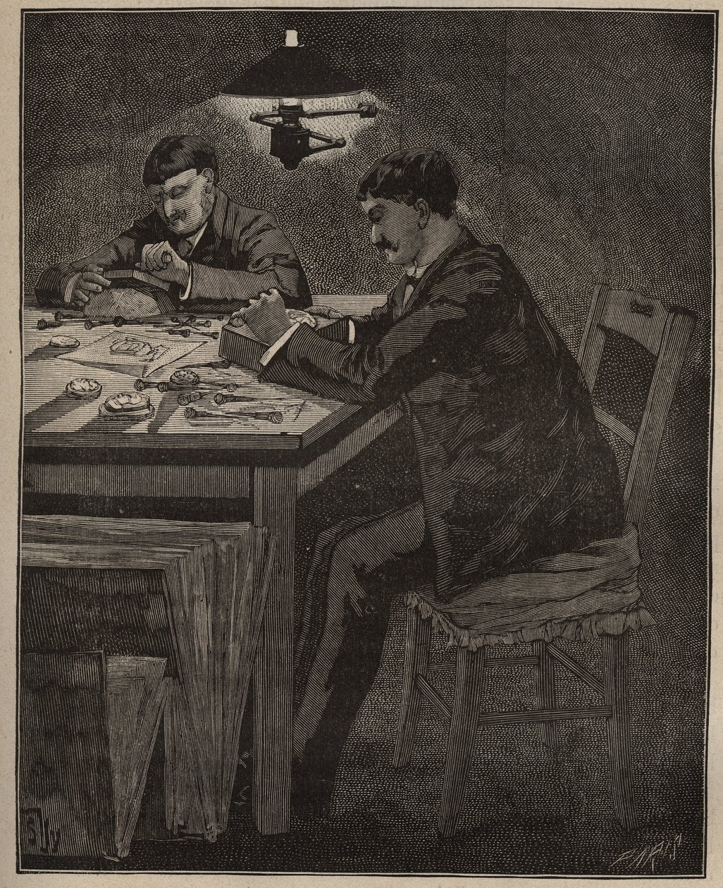The art of lapidary: gravering av camee shell (camee-shell). Gravyr från 1885 i "" Les arts et metiers illustres"" av Adolphe BITARD. av Unknown artist