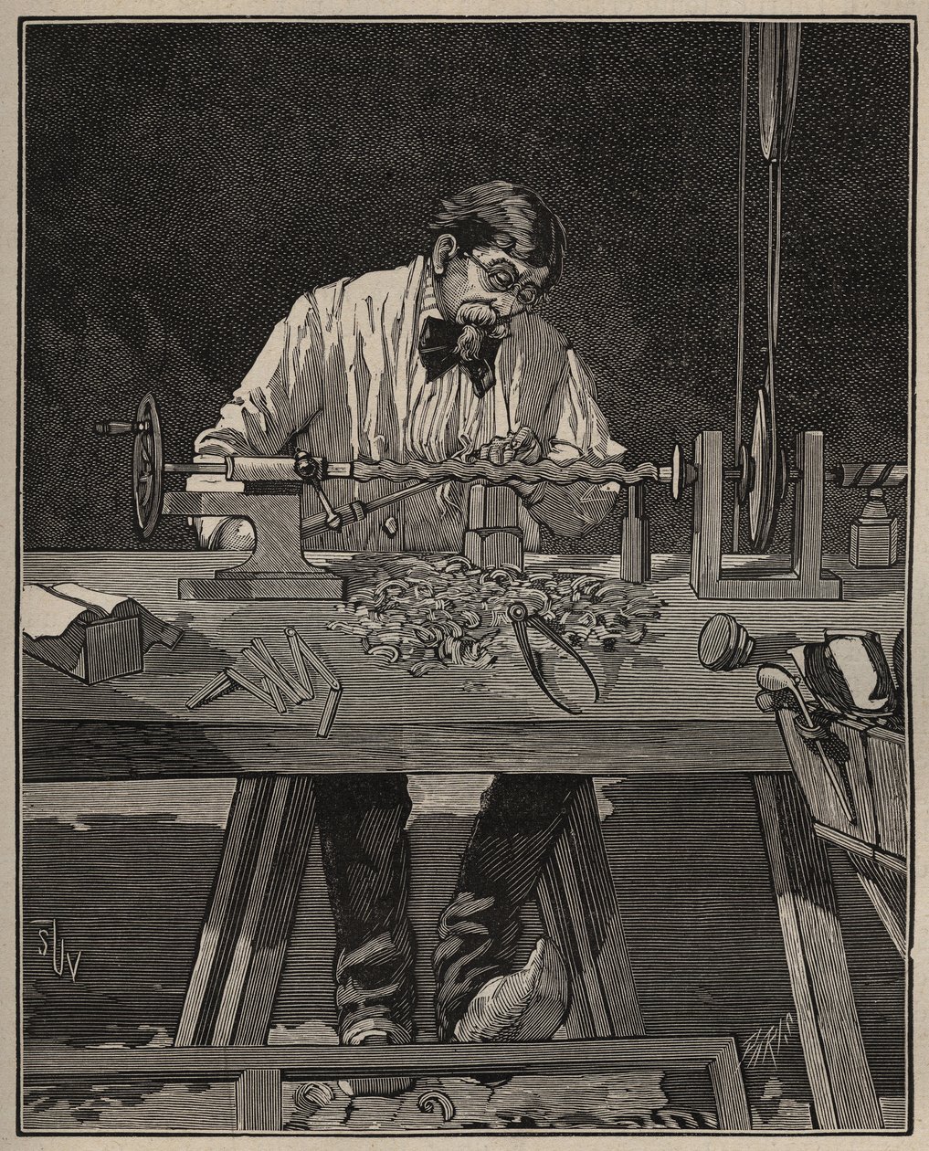Konsten att svarv: fasonering av en bålpelare. Gravyr från 1885 i "" Les arts et metiers illustres"" av Adolphe BITARD. av Unknown artist