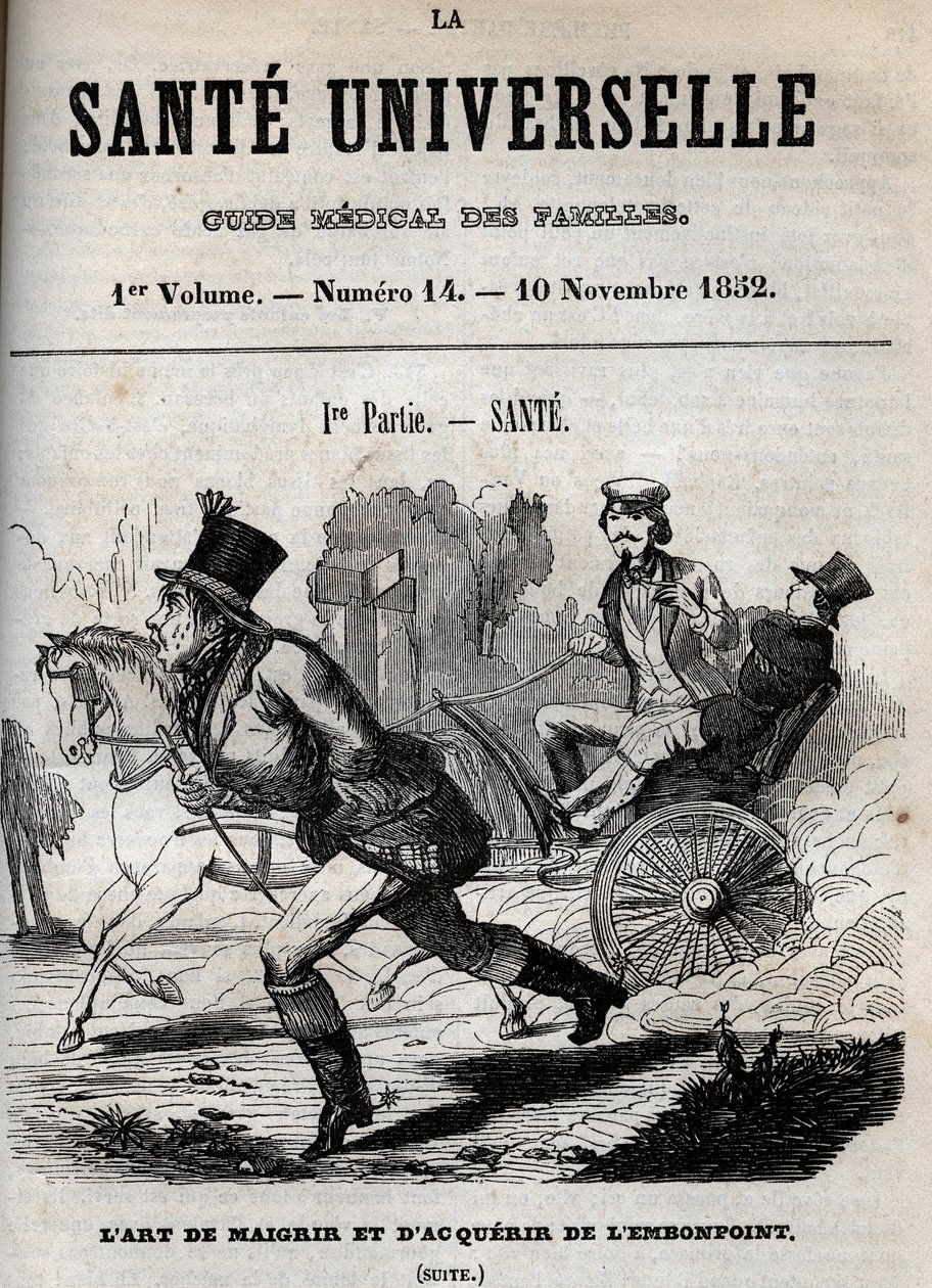 Konsten att gå ner i vikt och bli överviktig: en man går medan en annan transporteras i en vagn - gravering i "La Sante Universelle - Guide Medical des Familles"" 1852 av Unknown artist
