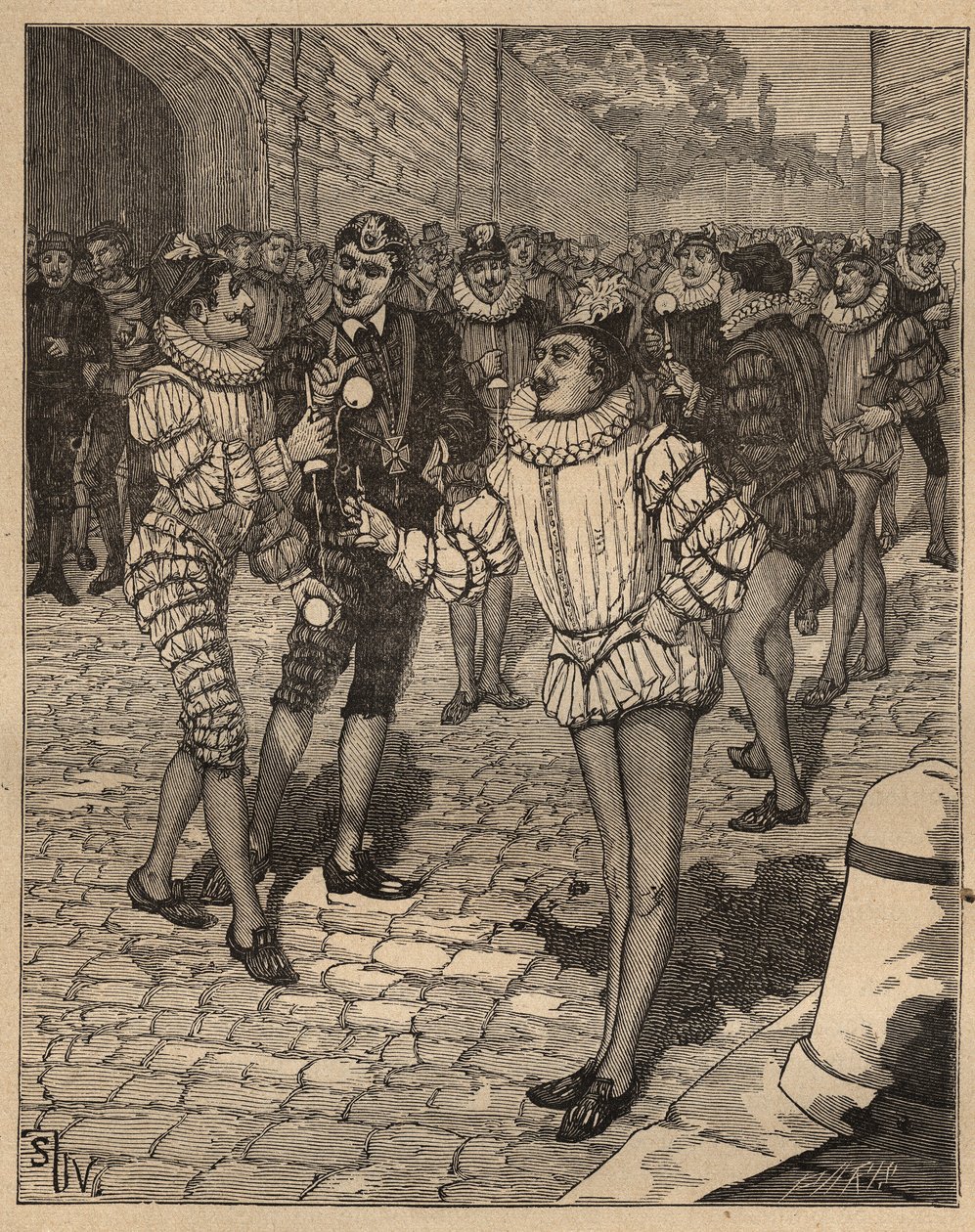 Konsten att svänga: bollen. Kung Henrik III (1551-1589) och hans sötnosar spelar bilboquet på gatan. Gravyr från 1885 i "" Les arts et metiers illustres"" av Adolphe BITARD. av Unknown artist