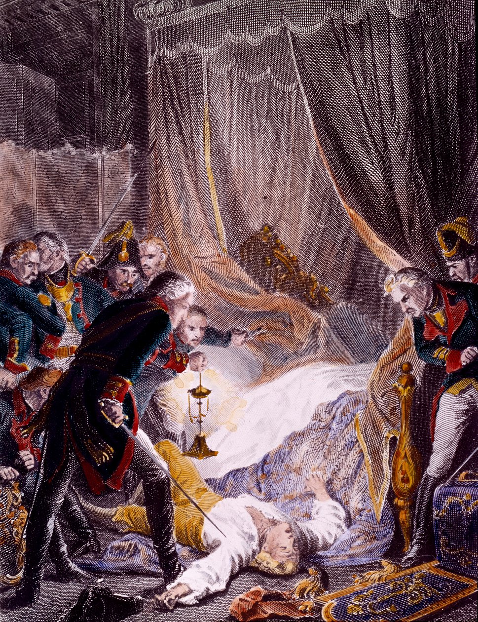Mordet på Paul I Petrovich (1754-1801), rysk tsar i hans rum på Sankt Mikaels palats efter att ha tvingats skriva under sin abdikation. Gravyr omkring 1801. Privat samling av Unknown artist
