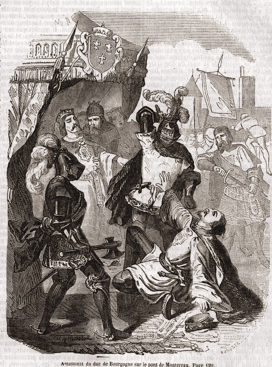 Mordet på hertigen av Bourgogne (Jean sans peur) på bron av Montereau - i "Histoire de France" "av Anquetil, Paris av Unknown artist