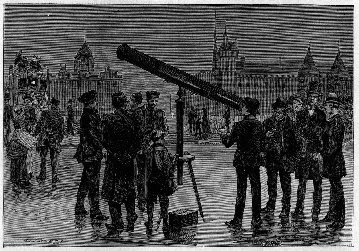 Astronomen och hans astronomiska ram på Place du Chatelet, i Paris, vid tiden för observationerna av planeten Venus, i februari 1889. Gravyr i "" La Nature. Revue des sciences et de ses applications aux arts et a l