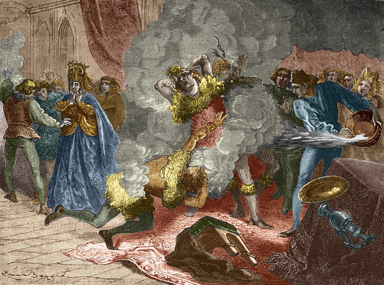 De ivriga eller vildarnas boll: i samband med bröllopet av en dam av Isabeau (Isabella, Elizabeth) från Bayern den 28 januari 1393, förklädde sig kungen och kedjade fast sig vid fyra andra hovmän. Hans bror, hertigen av Orlé av Unknown artist