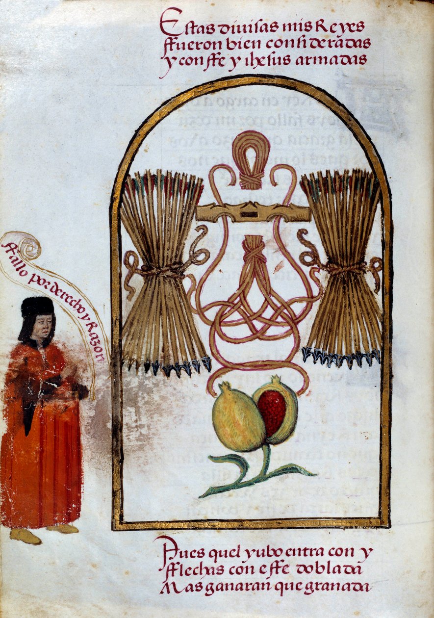 Armringen och pilarna. De katolska kungarnas emblem (miniatyr i "" Devotorio de la Reyna Da Juana a Quen Llamaron la Loca"" av Pedro Marcuello av Unknown artist