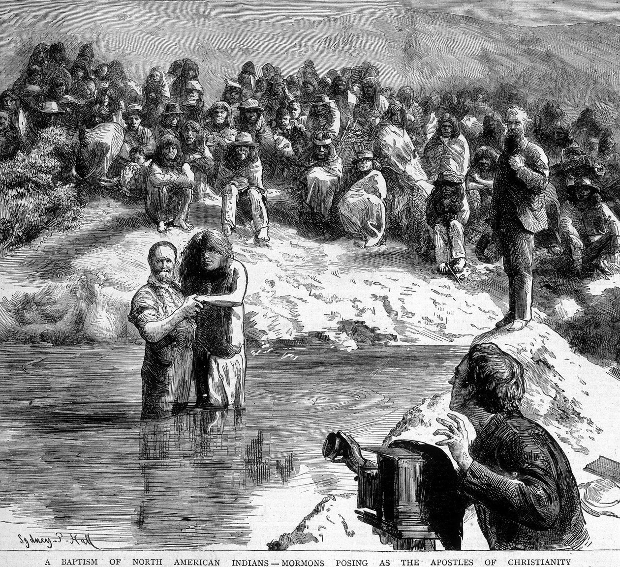 Dopet i Nordamerika av en indier av en mormon som poserar framför kameran som kristendomens apoters. Illustration av 1800-talet. av Unknown artist