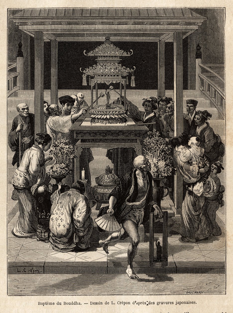 Buddhas dop, en årlig högtid som äger rum den 8:e dagen i den 4:e månaden, vattnar hängivna bronsstatyn av Buddha som exponeras för tillfället framför templen. Gravyr för att illustrera resan till Japan, av Aime Humbert, min av Unknown artist
