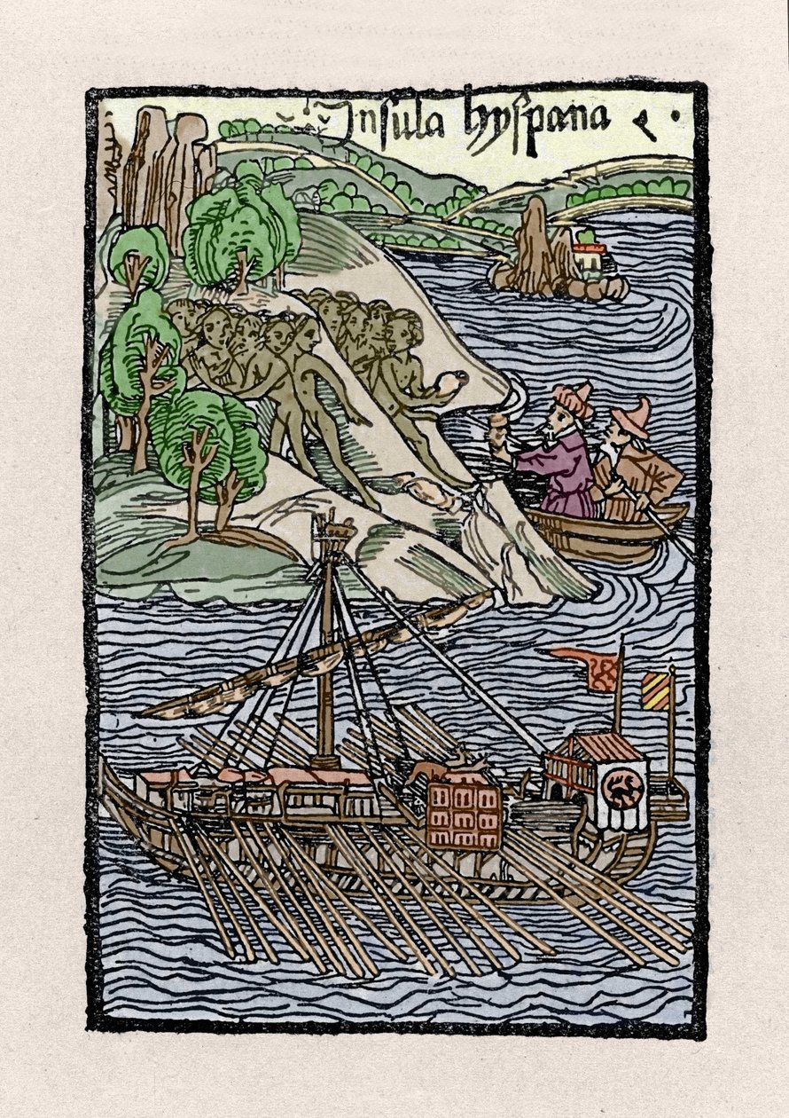Barken vid Hispaniola av Christopher Columbus (1451-1506). Gravyr från "" De insulis in mare Indico super inventis"", Bale 1493-1494 (latinsk översättning av Columbus rapport till kungen av Spanien). av Unknown artist