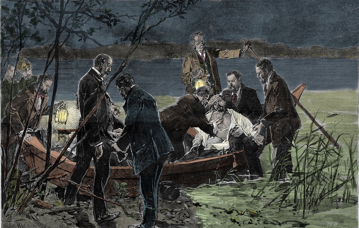 Kroppen av Ludvig (Ludwig) II av Baviere Wittelsbach (1845-1886) fynd drunknad med Dr Gudden i sjön Starnberg nära Bergs slott i juni 1886 Gravyr av Unknown artist