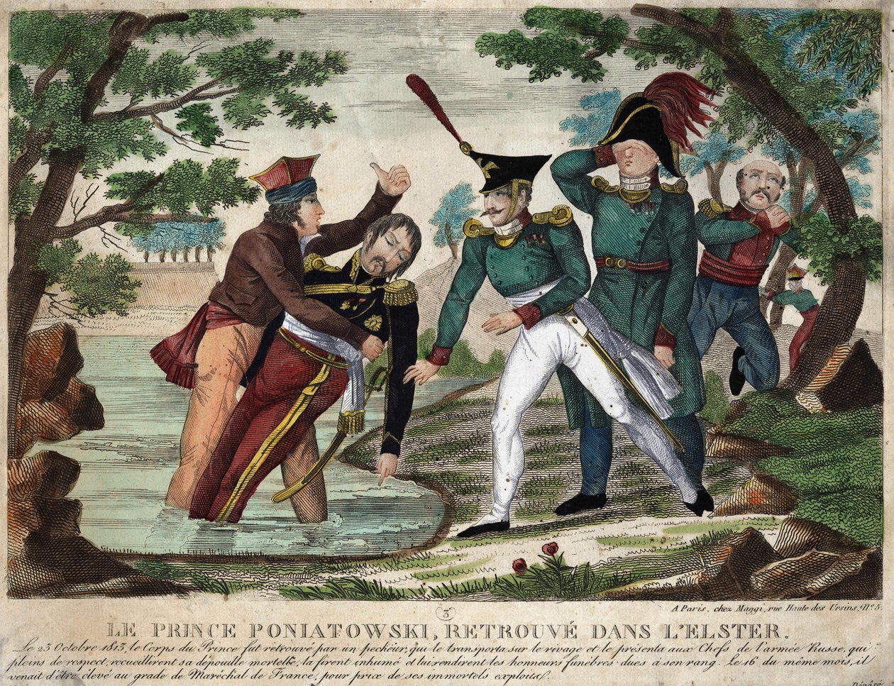 Kroppen av prins Joseph (Jozef) Antoni Poniatowski (gjorde 1763) hittades i floden Eelster den 23 oktober 1813, gravyr av tiden av Unknown artist