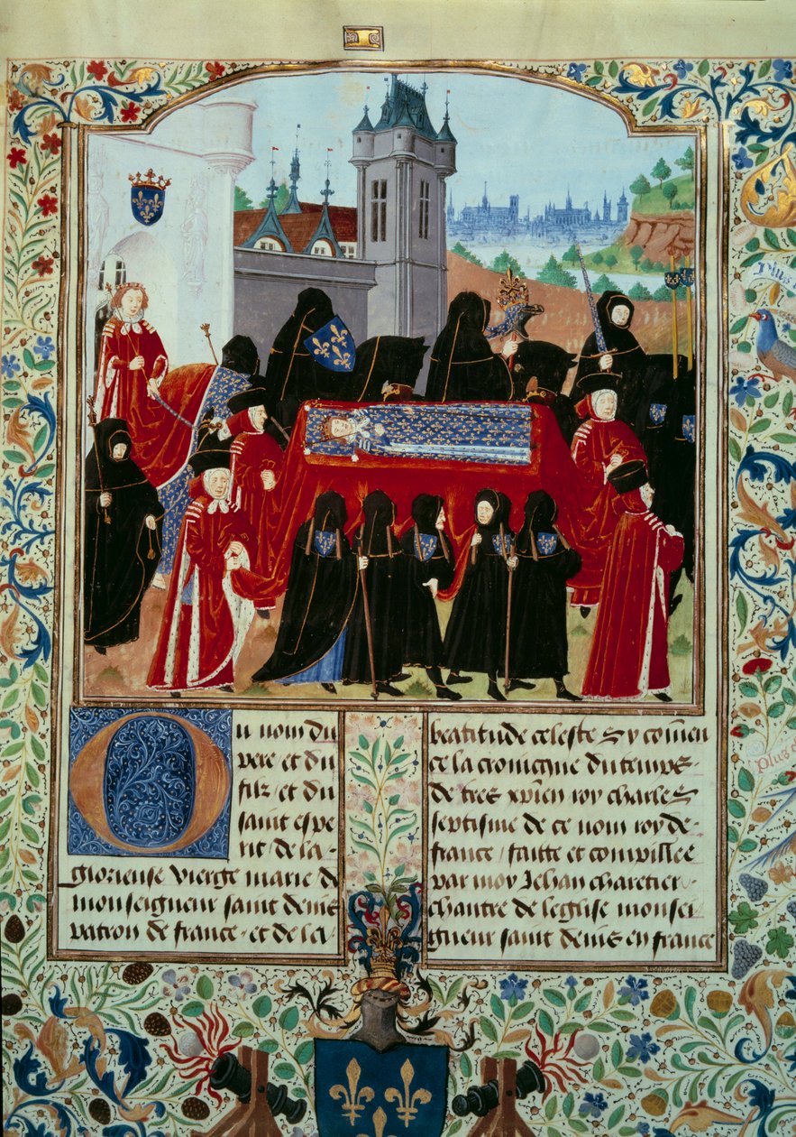 Kroppen av den avlidne kung Karl VI (1368-1422) bärs bort, bakom processionen den nye kung Karl VII (1403-1461) miniatyren 22/10/1422 från manuskriptet "" Chronicles of Charles VII"" (Ms. . fr. 2691) av Jean Chartier av Unknown artist