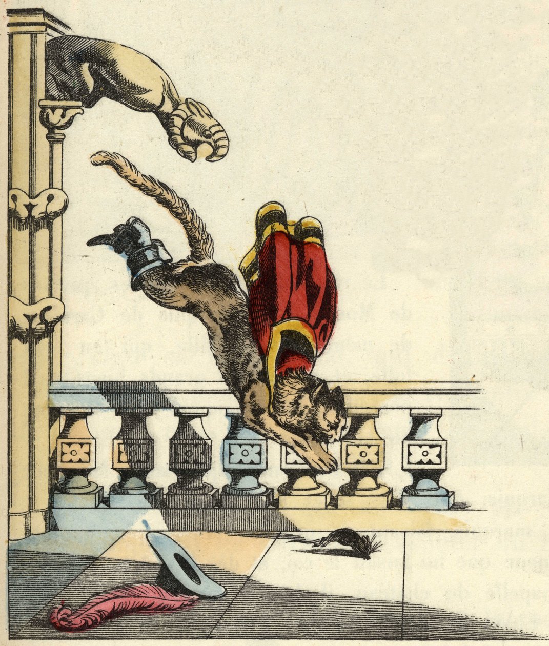 Stövelkatten har bett ogren att förvandlas till en mus och hoppar för att sluka den. Illustration av Charles Perraults berättelse "Le chat botte" av Unknown artist