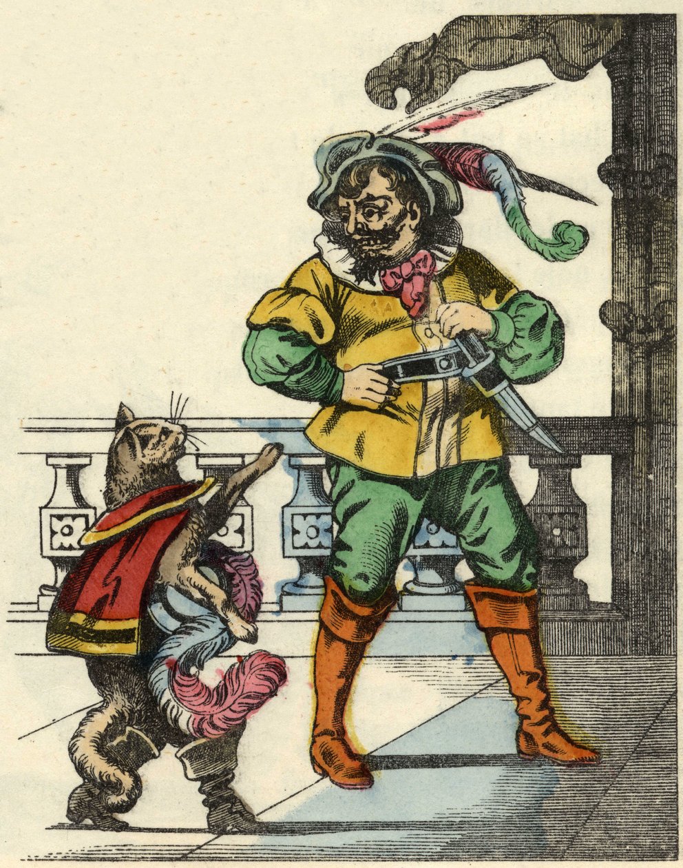 Stövelkatten möter ogren. Illustration av berättelsen "The cat botte" av Charles Perrault av Unknown artist
