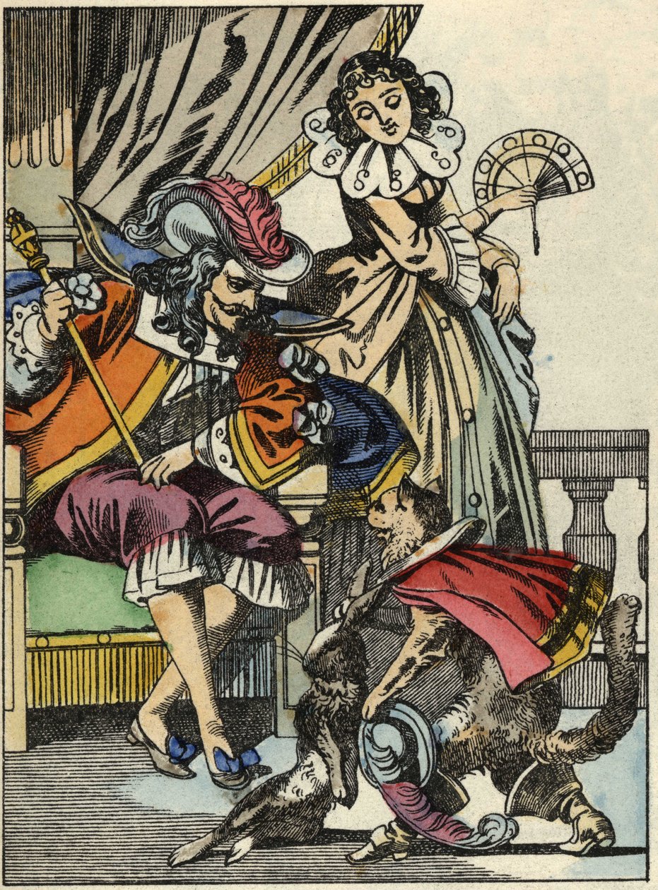 Stövelkatten erbjuder kaninen till kungen från sin herre, markisen de Carabas. Illustration av berättelsen "The cat botte" av Charles Perrault av Unknown artist