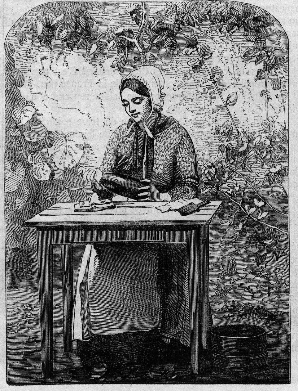 Buteljering av champagnevin. Gravyr från 1864. av Unknown artist