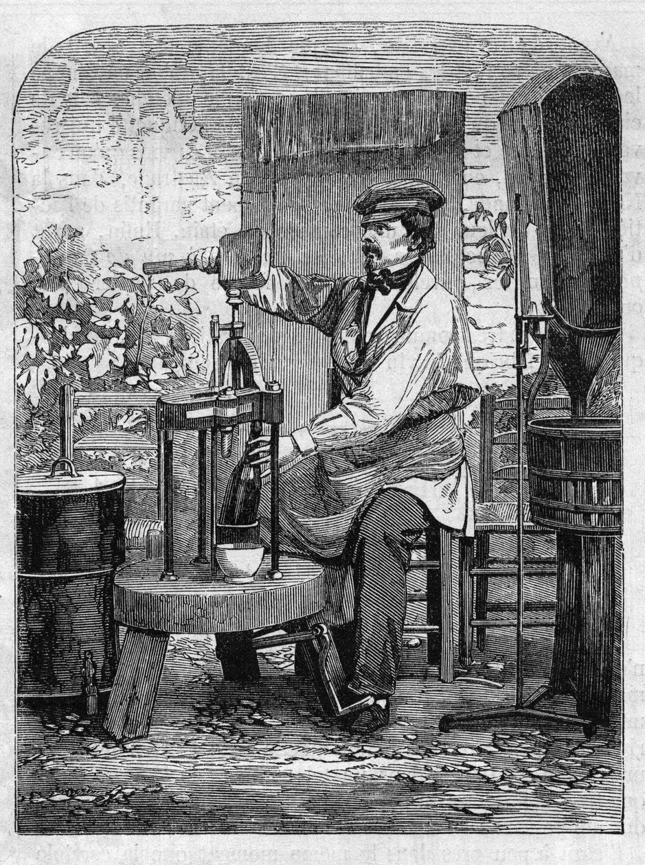 Buteljering av champagnevin. Gravyr från 1864. av Unknown artist