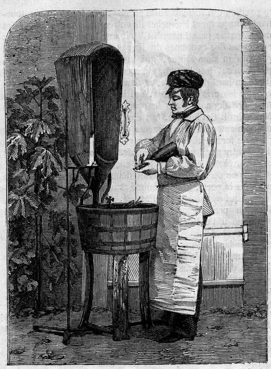 Buteljering av champagnevin. Gravyr från 1864. av Unknown artist