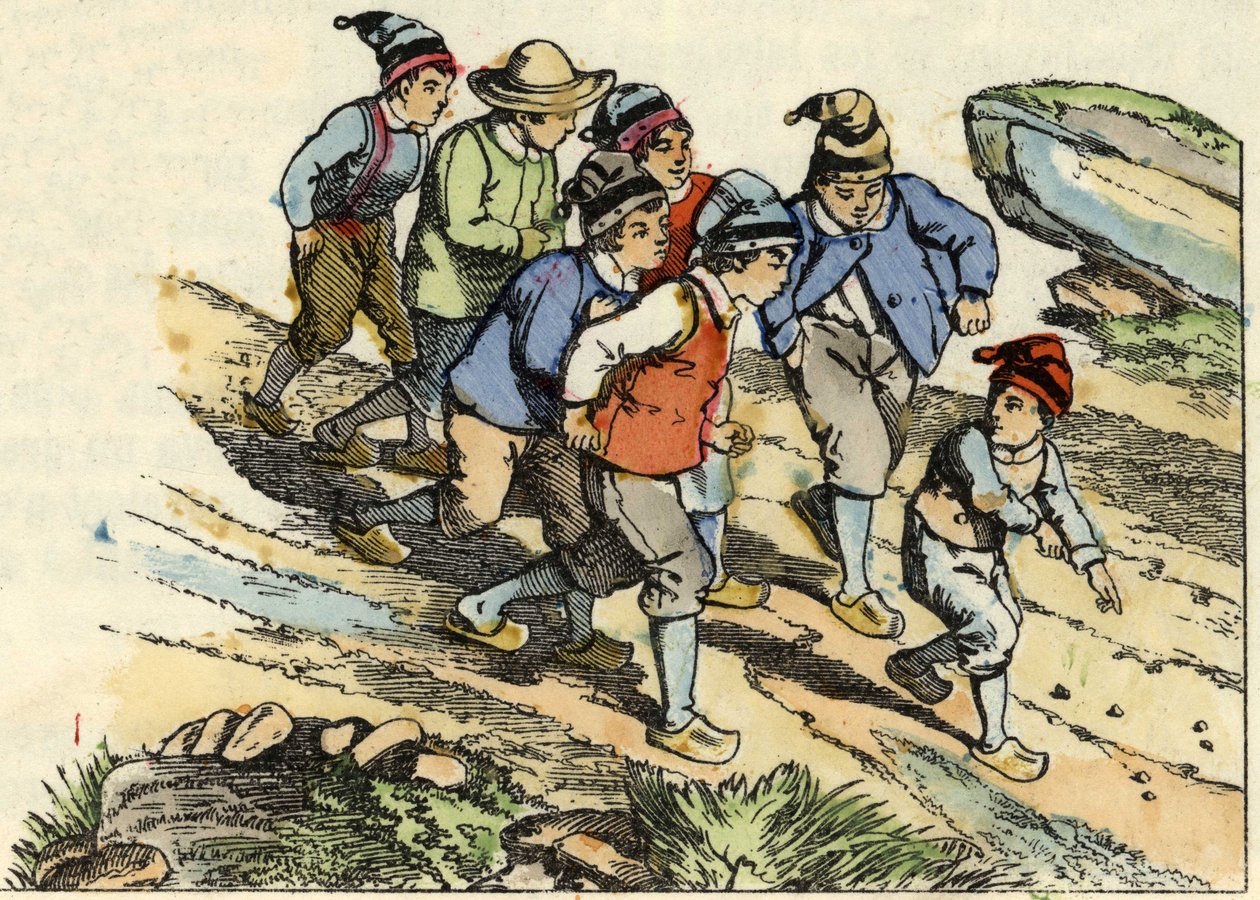 Bröderna följer Lilla Poulet som sådde vita småsten på vägen. Illustration av berättelsen "" Le Petit Poucet"" av Charles Perrault av Unknown artist