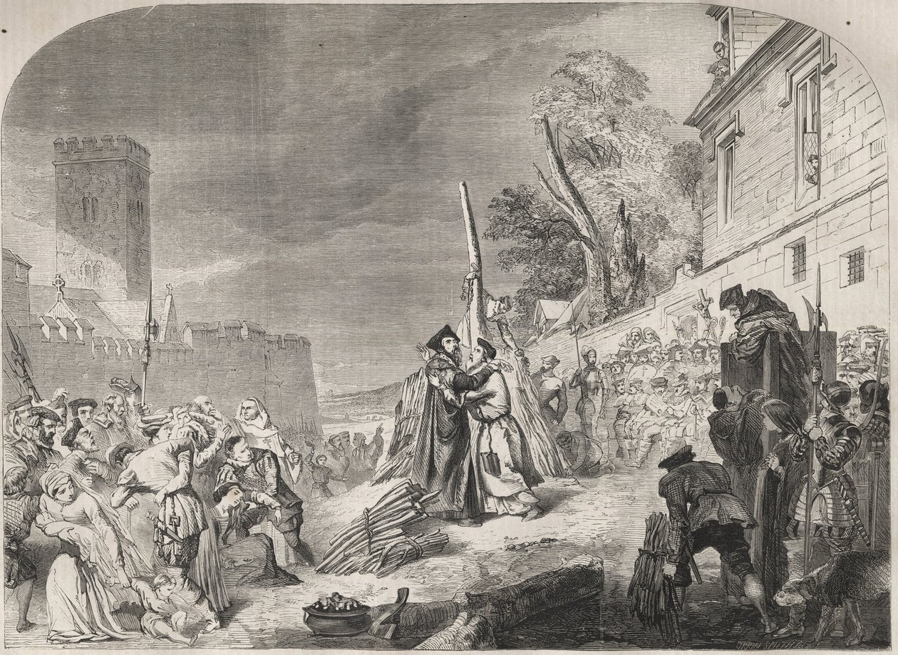 Brännandet av biskoparna Nicholas Ridley och Hugh Latimer på bål nära portarna till Balliol College, Oxford, England av Unknown artist
