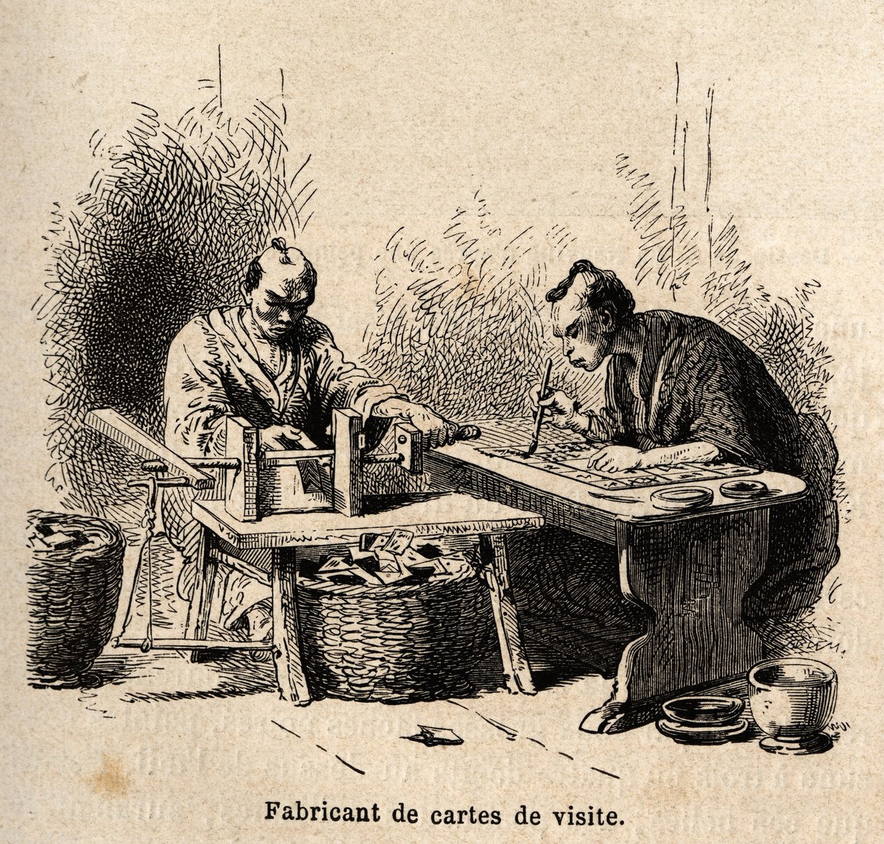 Visitkortstillverkaren. Gravyr för att illustrera resan till Japan 1863-1864, av Aime Humbert, minister för Schweiziska edsförbundet, i "Le tour du monde, nouveau journal des voyages", publicerad under ledning av Edouard Charton av Unknown artist