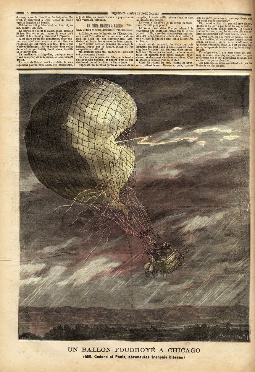 Ballongen (fångad ballong) av de franska herrarna Godard och Panis, offer för en olycka orsakad av stormen den 7 juli, på marken för världsutställningen i Chicago, i full flygning, ballongen träffades och träffades, vilket skadade två flygare gr av Unknown artist