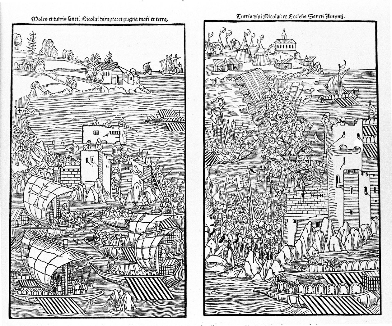 Infångandet av Rhodos av turkarna 1522. Turkarna attackerar fästningen St. Nicholas. Xylografi. av Unknown artist