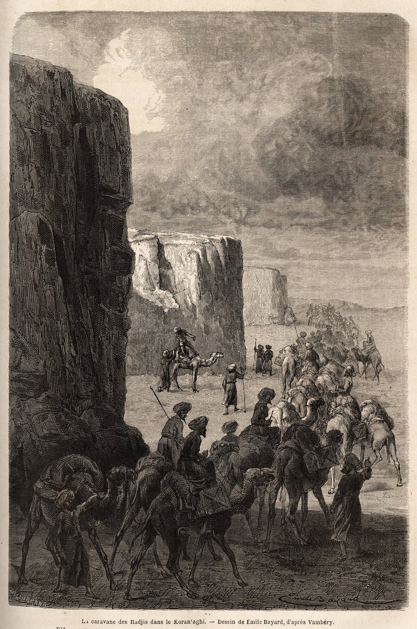 Karavanen för Hajis (muslimska peleriner) i Korantaghi (Persien, Iran). Teckning av Emile Bayard (1837-1891), för att illustrera resan till Centralasien, 1863, av Arminius Vambery (ungersk vetenskapsman förklädd i dervisch). Gravyr i "" Le tour du mond av Unknown artist
