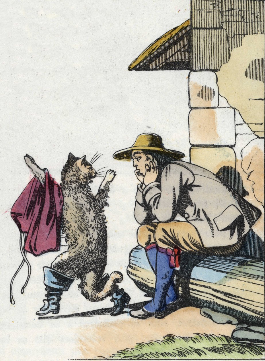 Katten ber sin husse om kläder och stövlar och lovar att bli rik snart. Illustration av Charles Perraults berättelse "Le chat botte" av Unknown artist